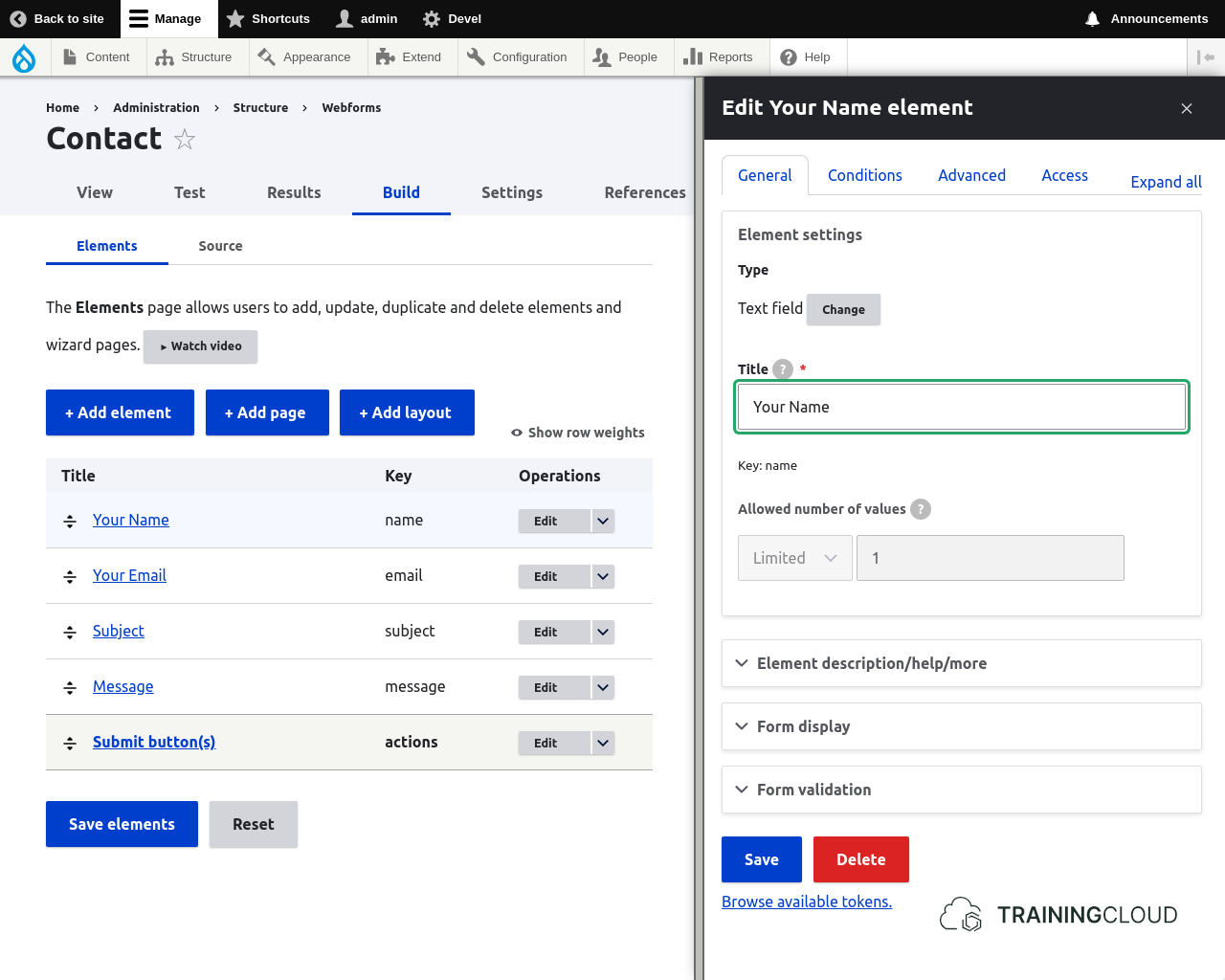 A screenshot of the build options for a text field in a webform in Drupal 10.