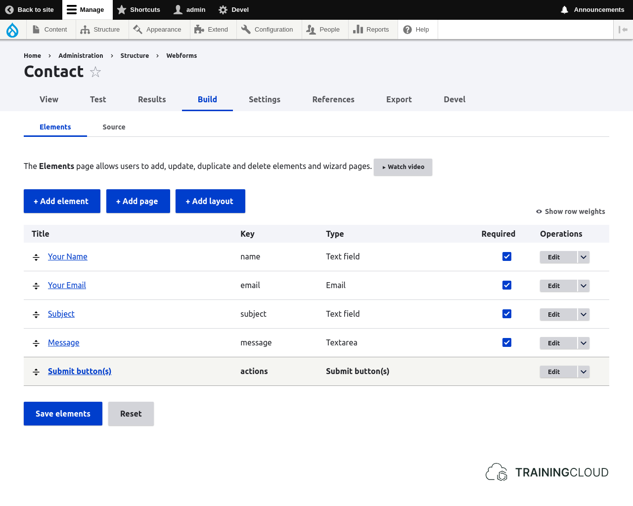 A screenshot of the build page for the Contact webform in Drupal 10.