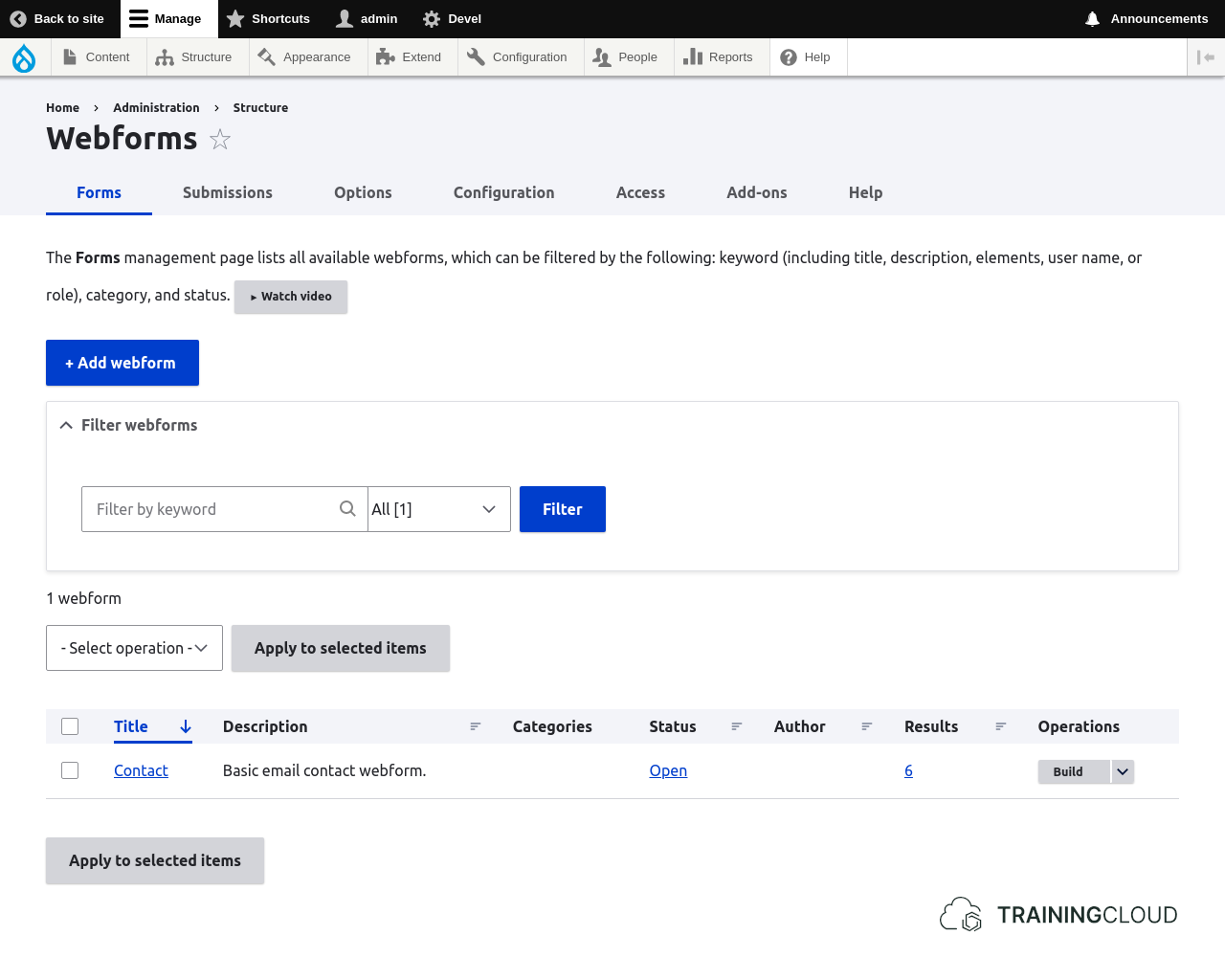 A screenshot of the webforms manage forms page in Drupal 10.