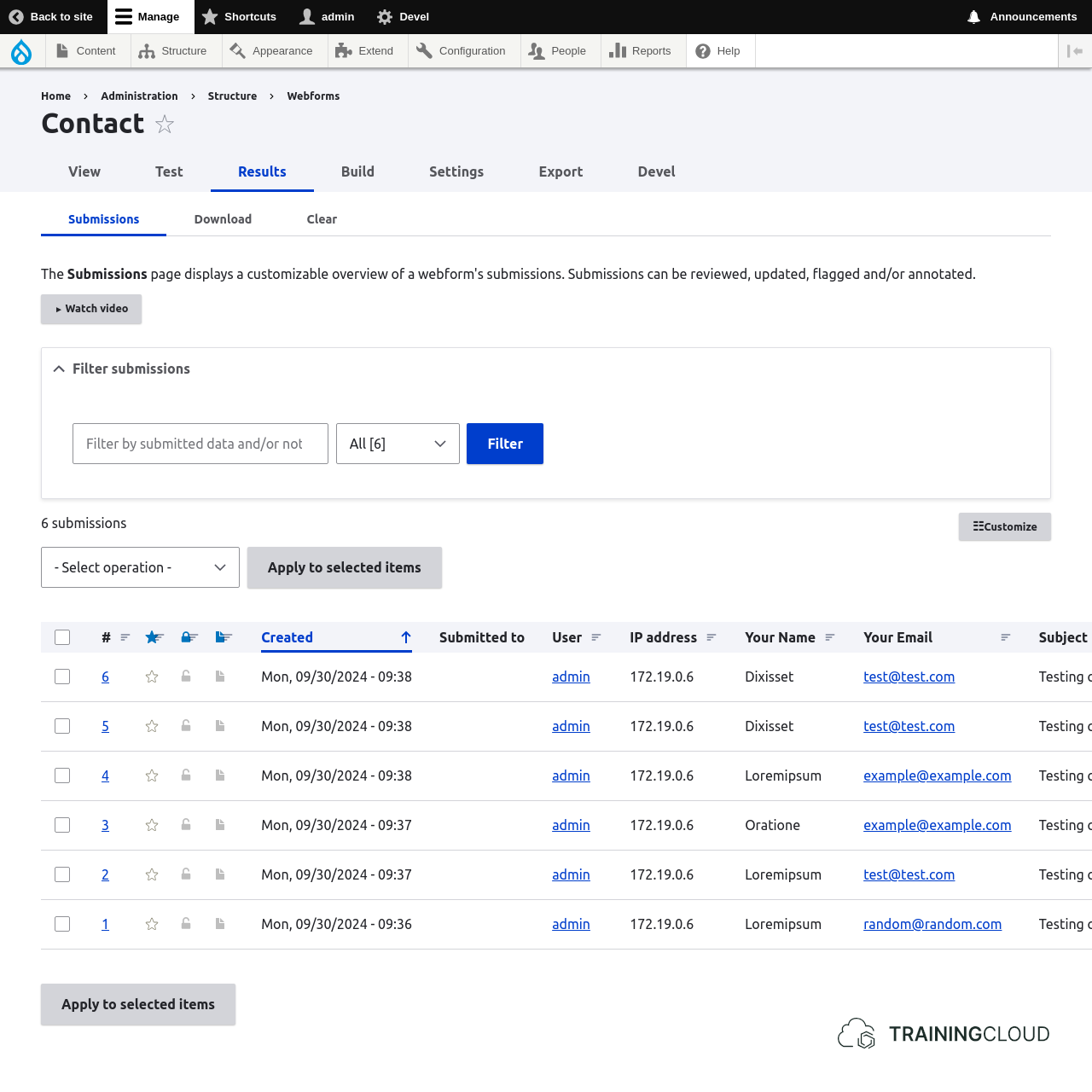 A screenshot of a list of submitted Drupal 10 webforms.