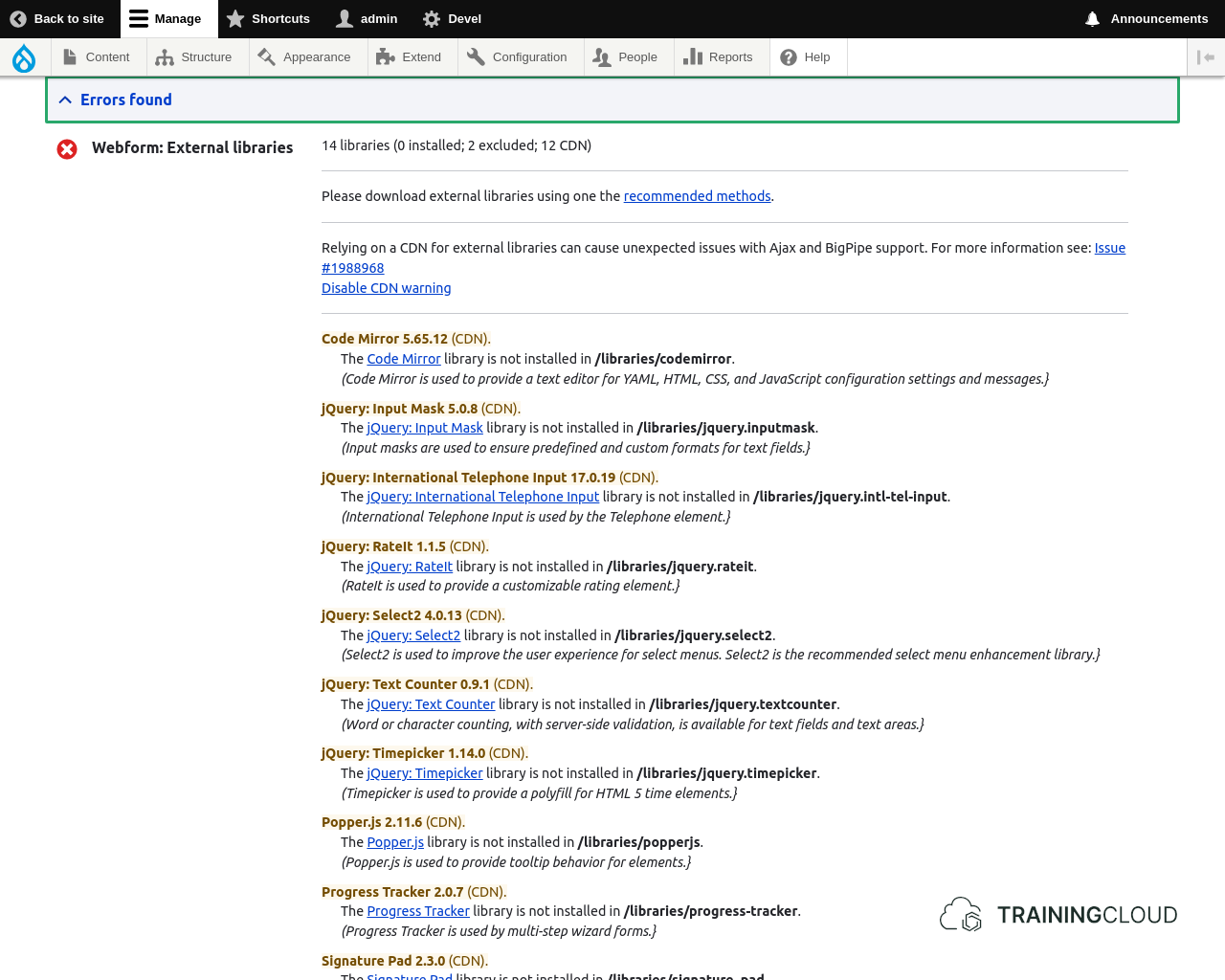 A screenshot of the Drupal 10 Status Report page showing an error with the webform module.