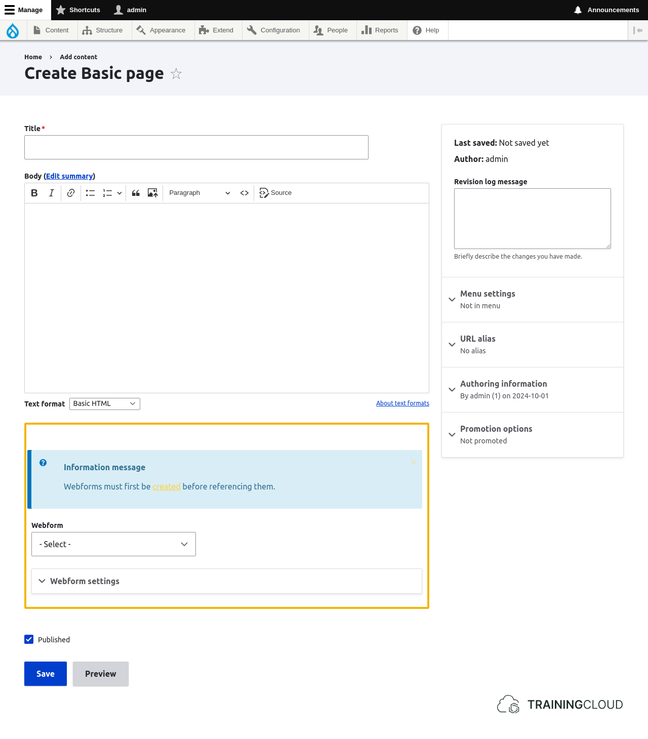 A screenshot of the basic page creation page with the option to add a referenced webform highlighted.