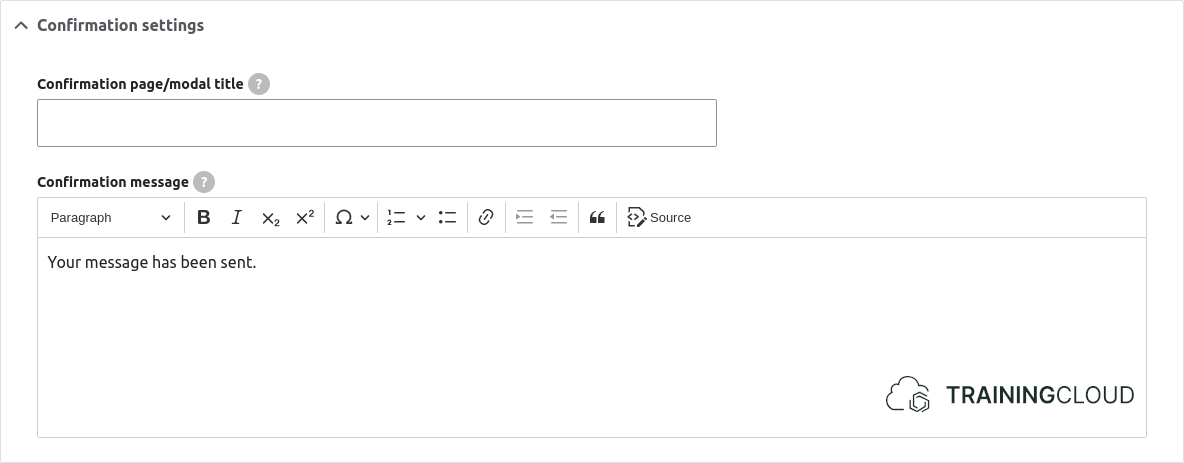 A screenshot of a Drupal 10 webform confirmation settings page displaying the confirmation settings.