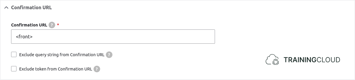 A screenshot of a Drupal 10 webform confirmation settings page displaying the confirmation URL settings.