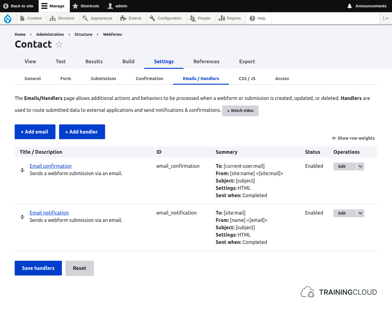 A screenshot of a Drupal 10 contact webform Email/ Handlers settings page.
