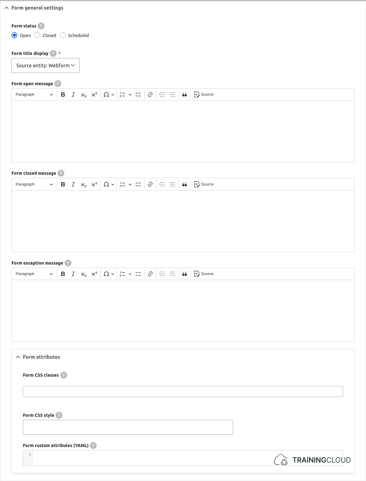 A screenshot of a Drupal 10 webform form settings page with the form general settings highlighted.