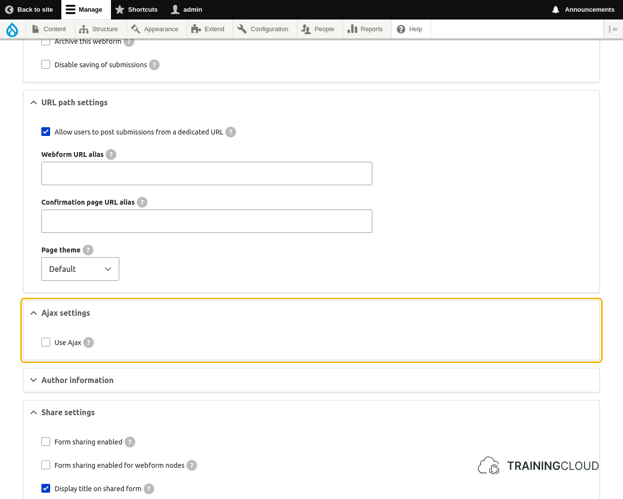 A screenshot of a Drupal 10 webform general settings page with the Ajax settings highlighted.