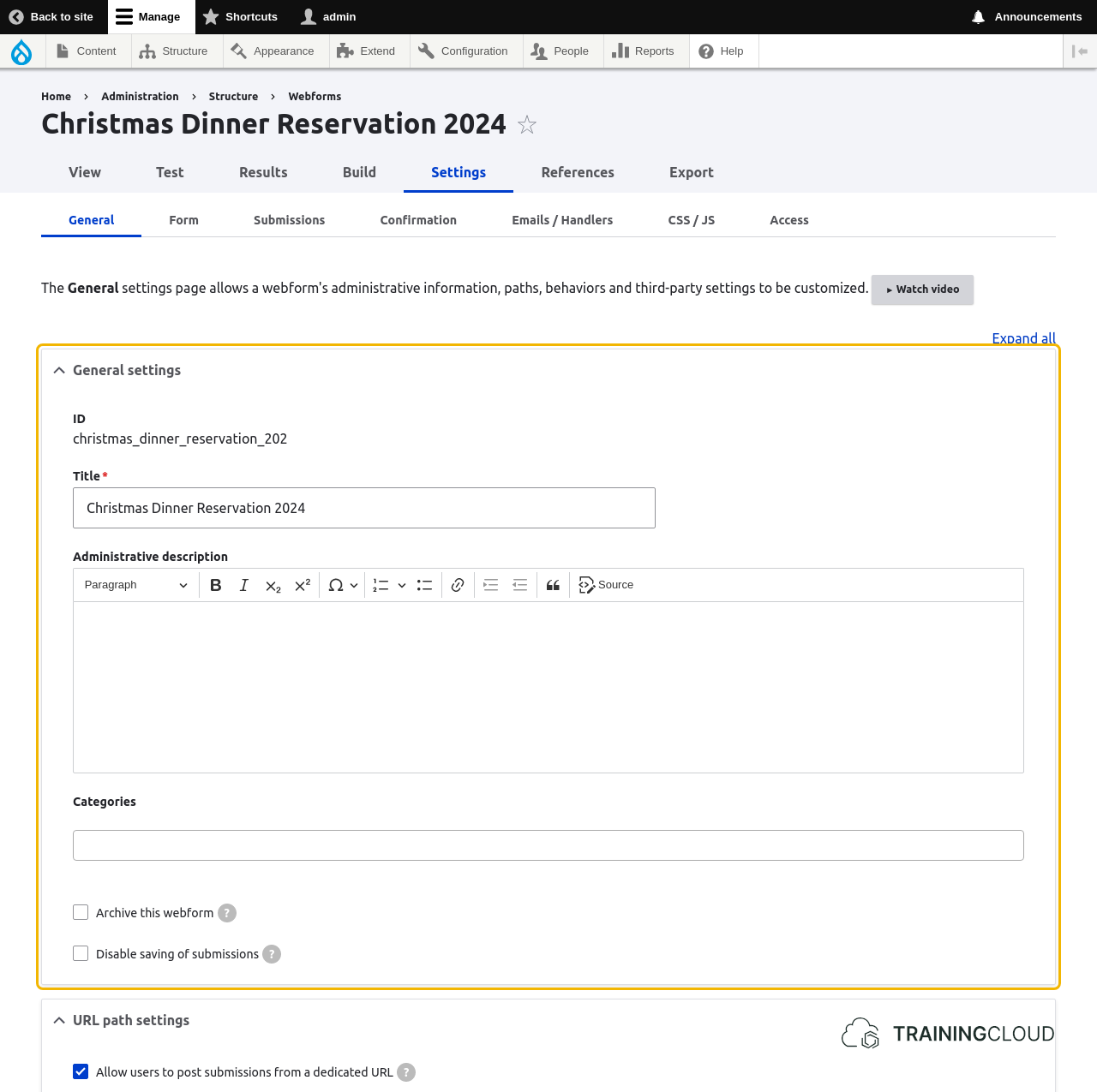 A screenshot of a Drupal 10 webform settings page, on the General local task, with the general settings highlighted.