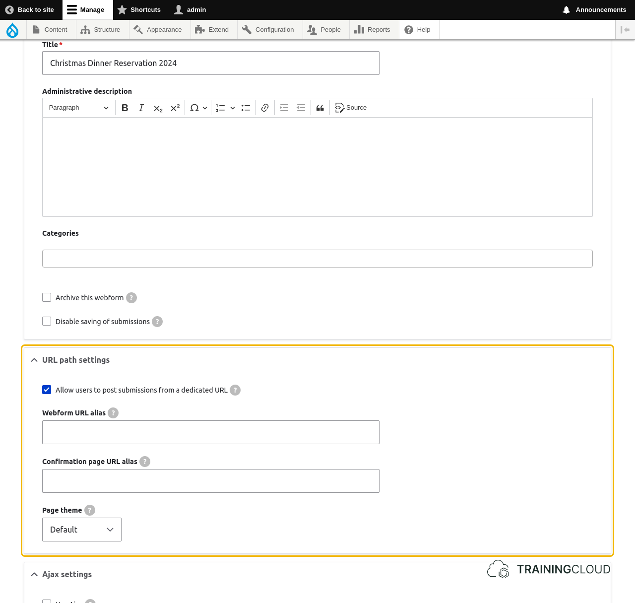 A screenshot of a Drupal 10 webform general settings page with the URL path settings highlighted.