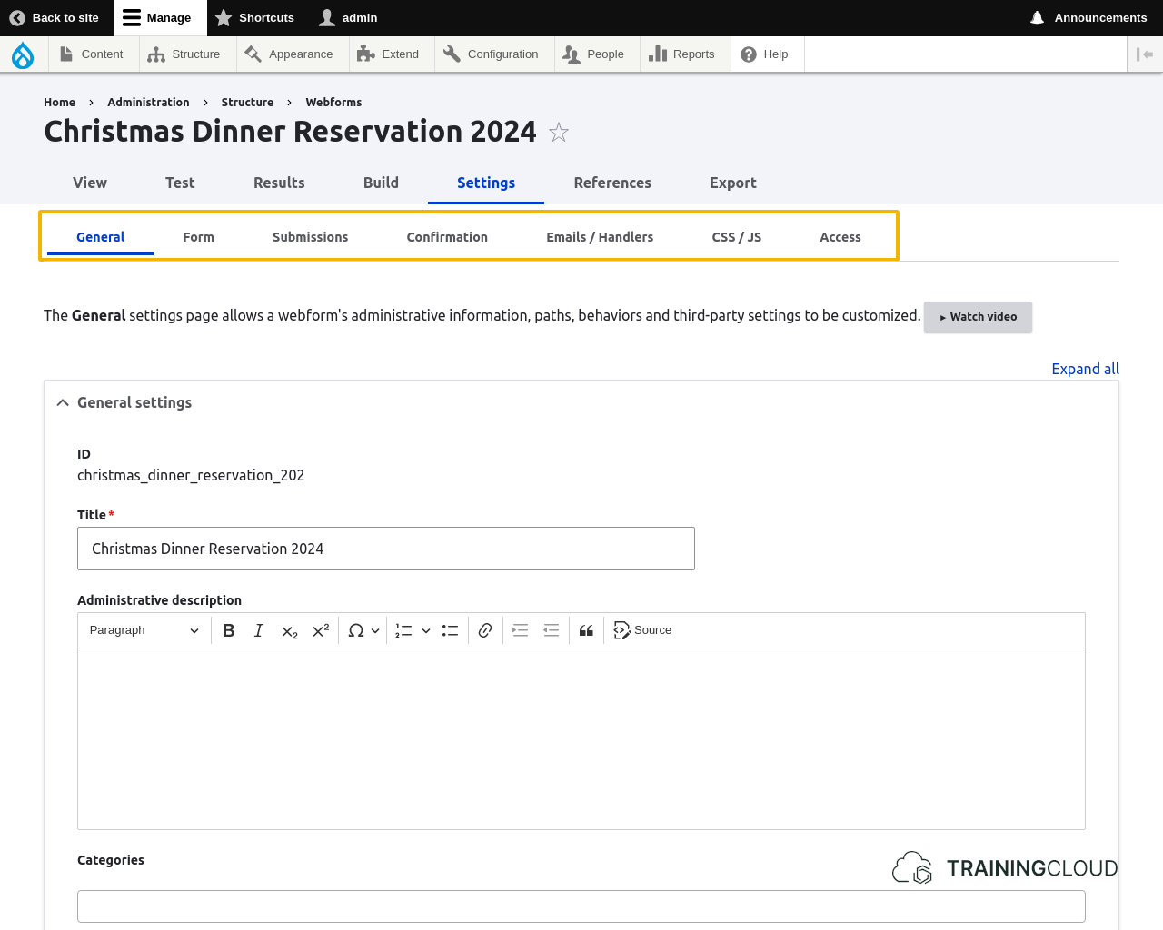 A screenshot of the webforms settings page with the local tasks highlighted in Drupal 10.