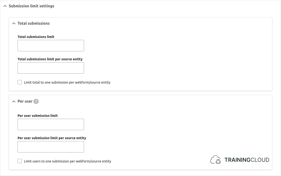 A screenshot of a Drupal 10 webform submission settings page displaying the submission limit settings.
