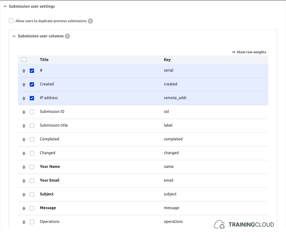 A screenshot of a Drupal 10 webform submission settings page displaying the submission user settings.