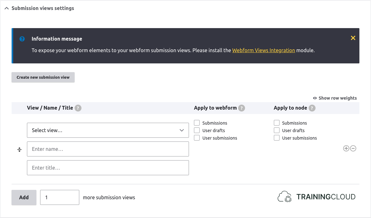 A screenshot of a Drupal 10 webform submission settings page displaying the submission views settings.