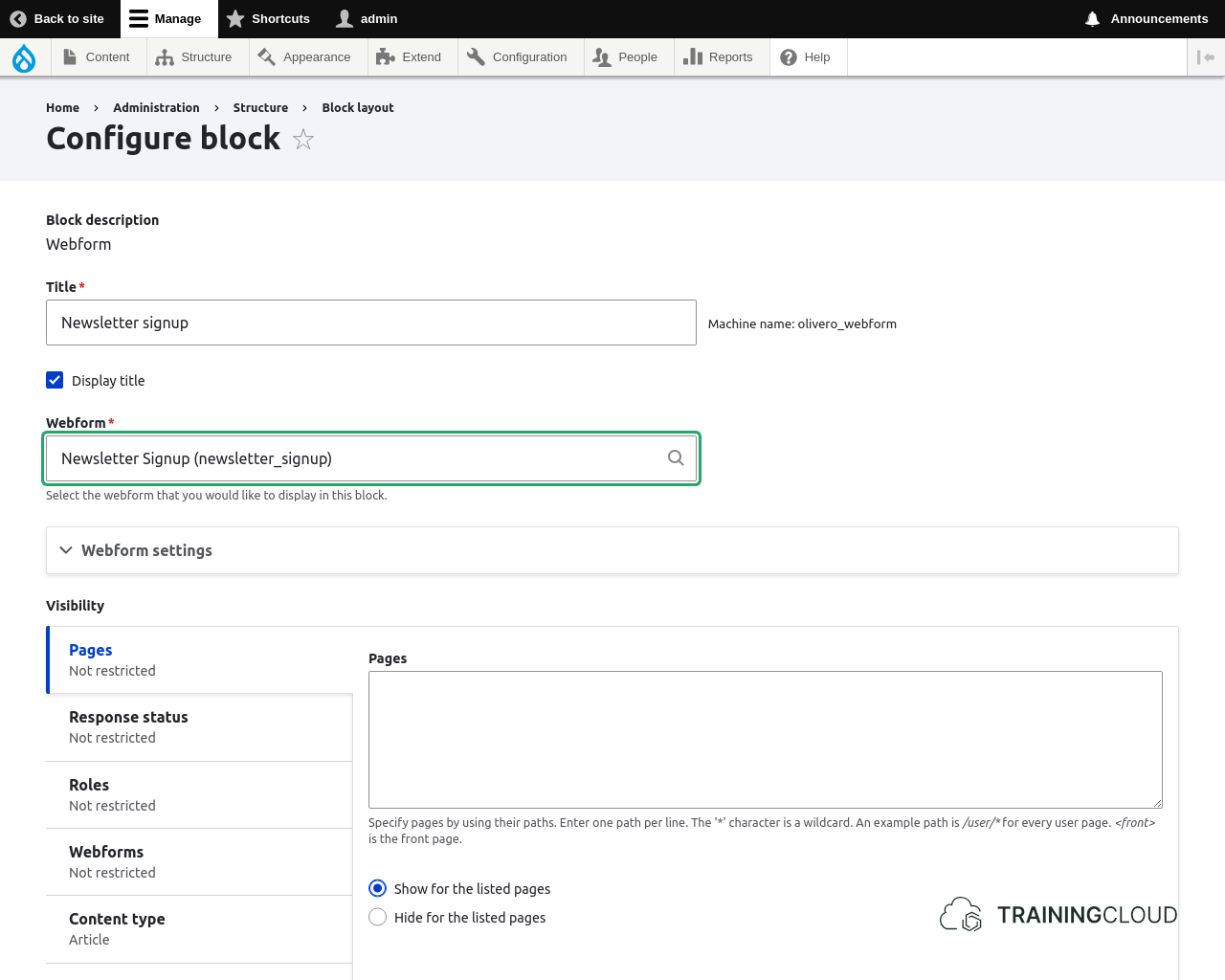 A screenshot of the block configuration settings for a webform block in Drupal 10.
