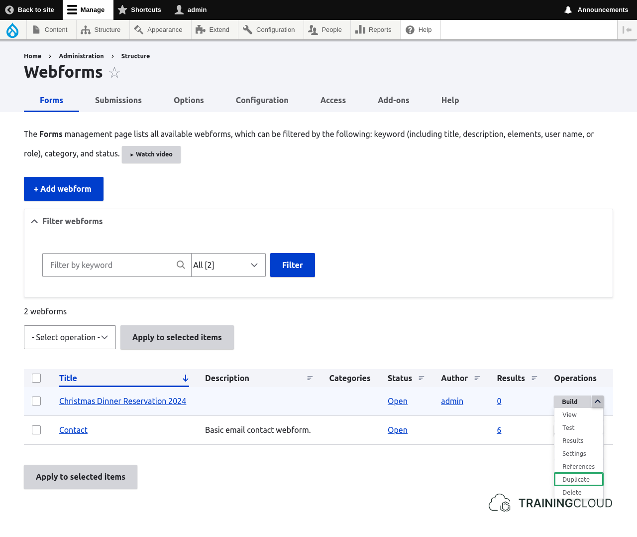 A screenshot of the option to duplicate a webform in Drupal 10.
