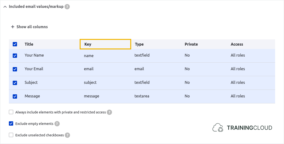 A screenshot of a Drupal 10 webform email/handlers settings page displaying the Included email values/markup options.