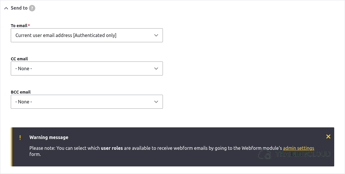 A screenshot of a Drupal 10 webform email/handlers settings page displaying the Send To options.