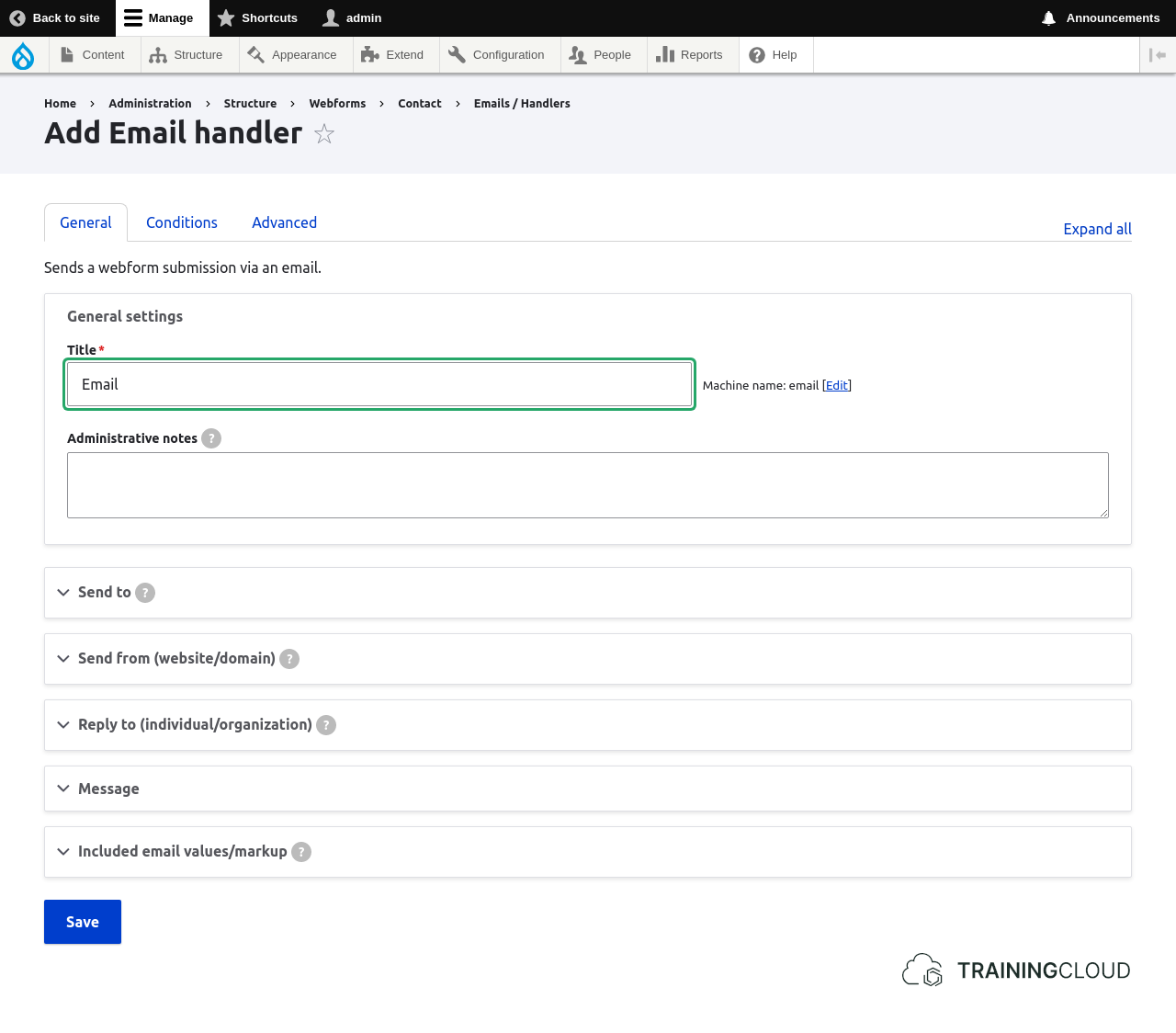 A screenshot of the Add Email handler settings in a Drupal 10 webform.