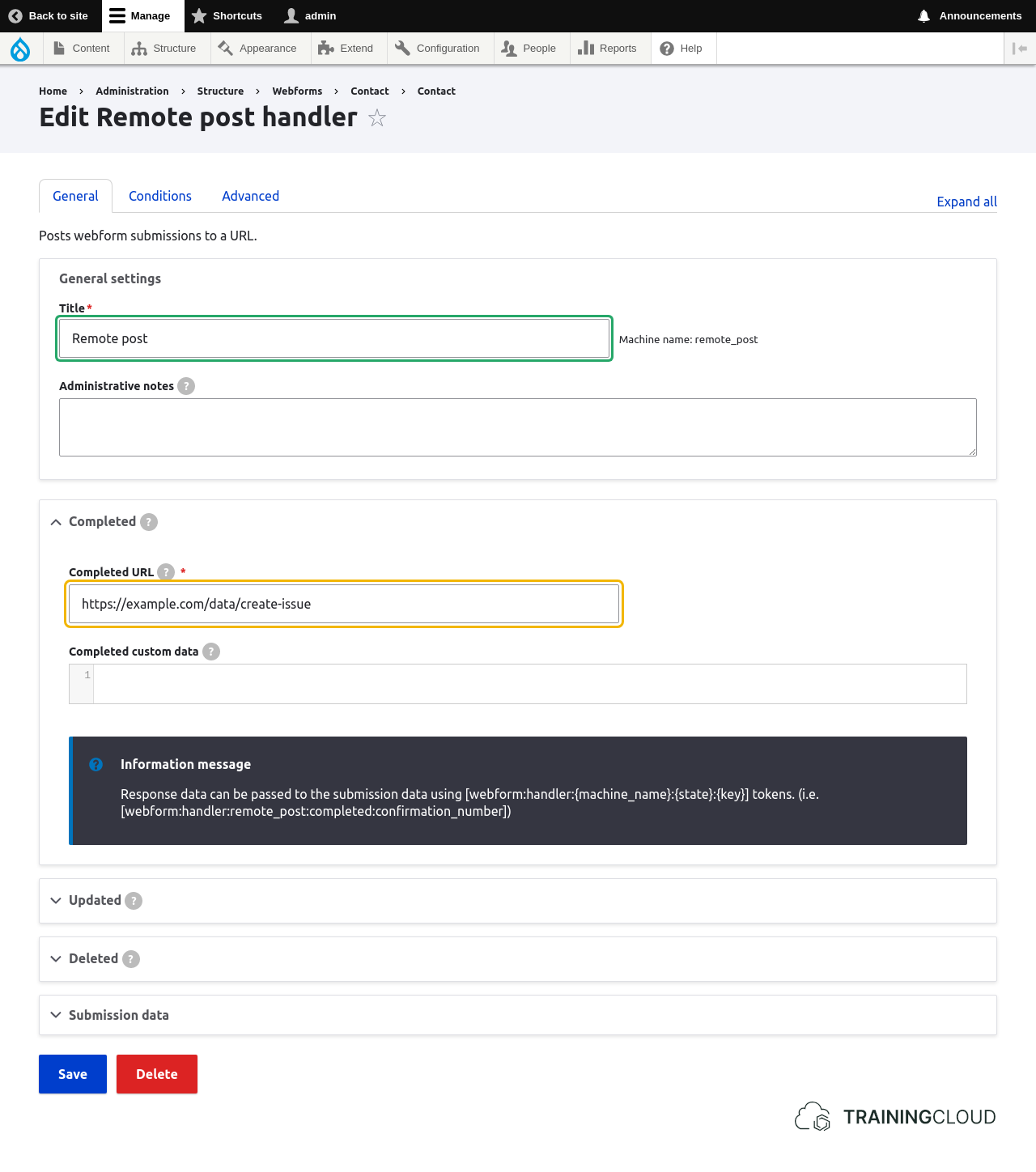 A screenshot of a Drupal 10 webforms remote post handler general settings with the completed URL option highlighted.