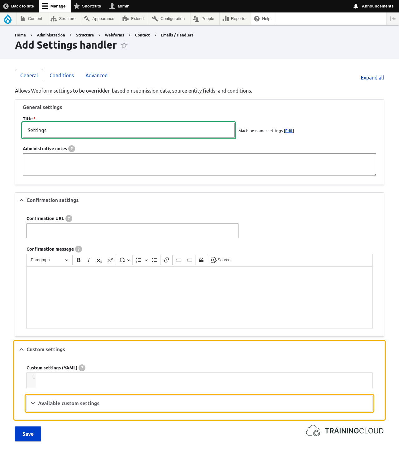 A screenshot of a Add Settings handler in a Drupal 10 webform, with the custom settings highlighted.