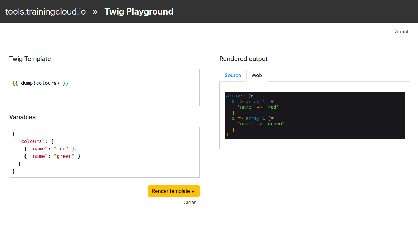 A screenshot of the TrainingCloud Twig Playground tool showing the web view of a twig dump() function.
