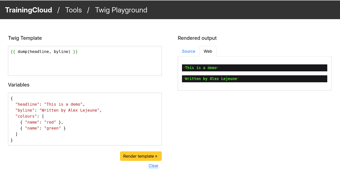 A screenshot of the TrainingCloud Twig Playground tool web output of a twig dump() function dumping the available variables.