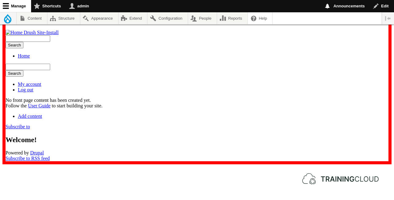 A screenshot of a Drupal 10 site using a custom theme that puts a red border around every page.