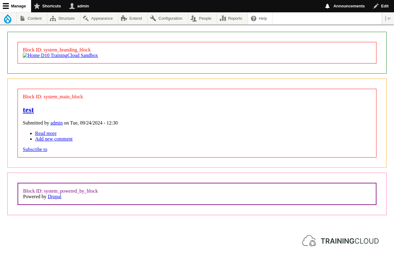 A screenshot of a Drupal home page using a custom theme that outlines the regions and the blocks within them.