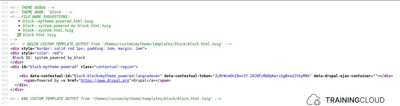 A screenshot of source of the Powered by Drupal block on the front page using a custom theme.