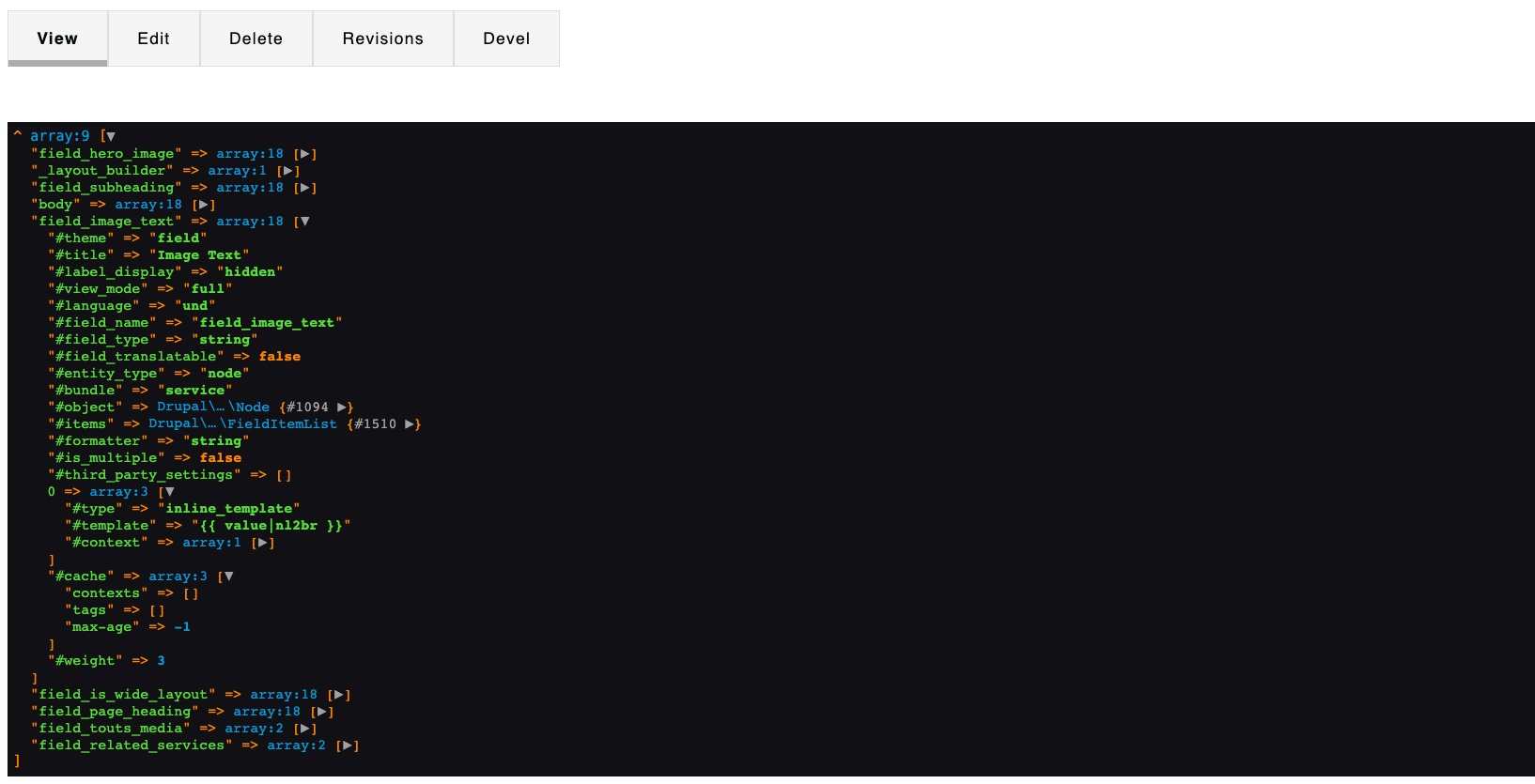 A screenshot of the output of a twig dump() in Drupal.