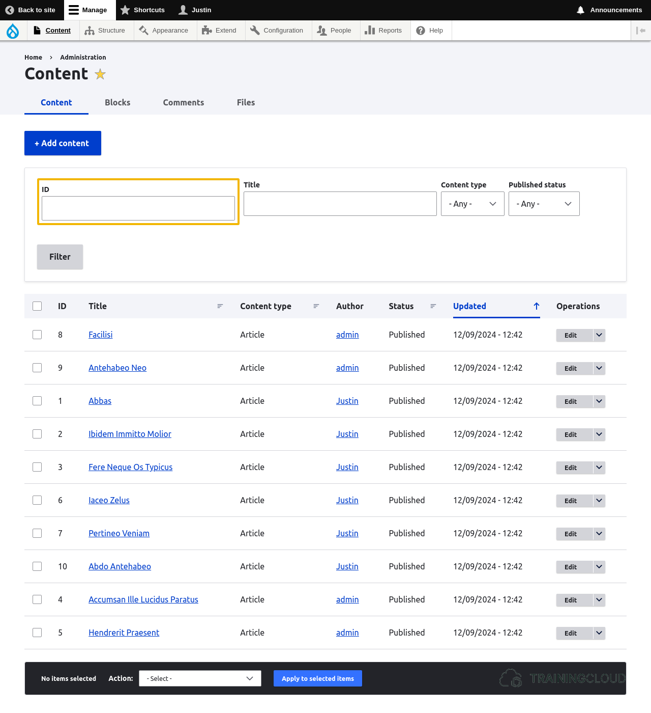 A screenshot of the Drupal 10 content management page with a custom field and filter, with the filter highlighted.