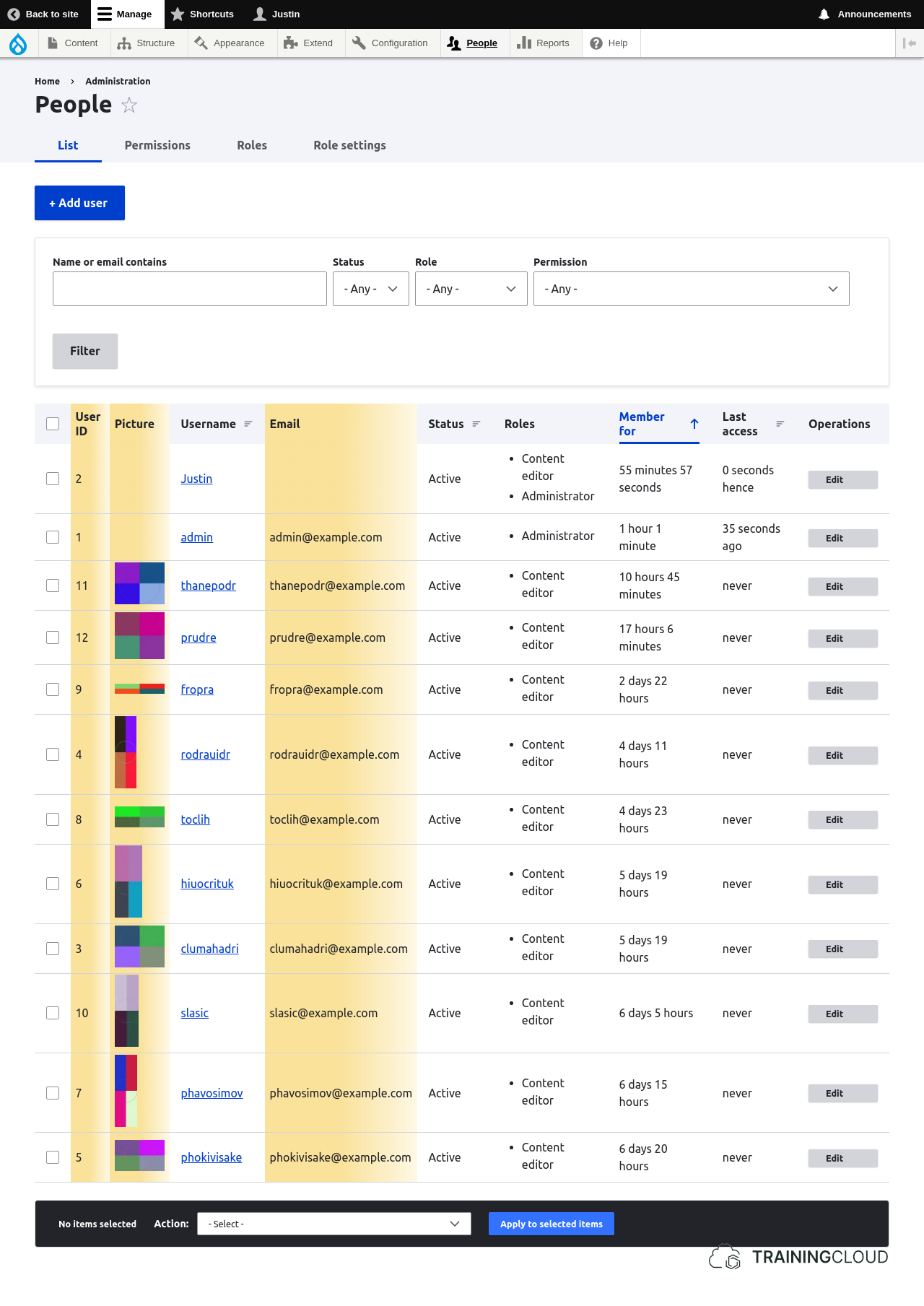 A screenshot of the Drupal 10 admin/people management page, with some custom fields added and highlighted.