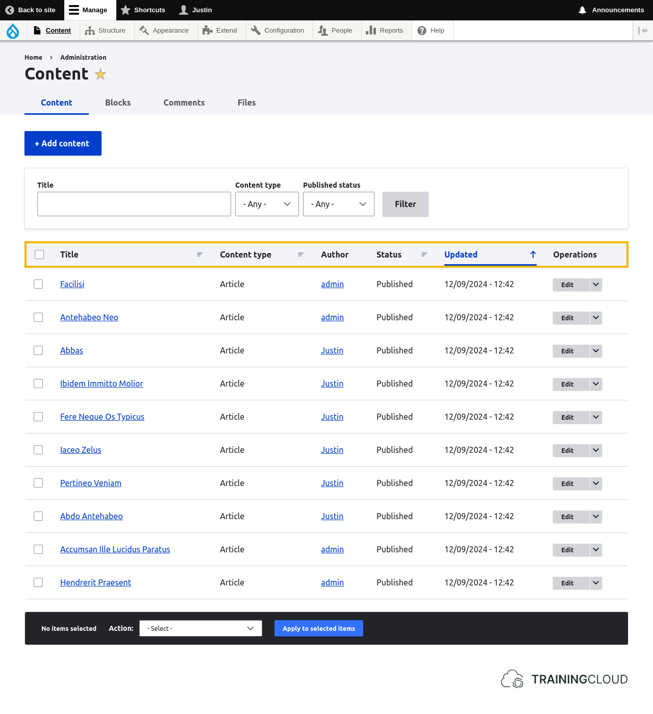 A screenshot of the Drupal 10 content management page with the column headers highlighted.