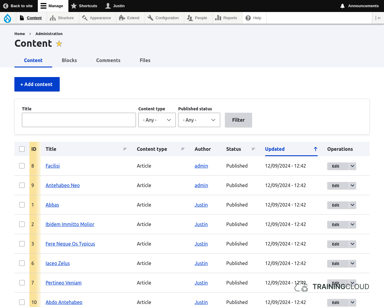 A screenshot of the Drupal 10 content management page with a custom field added and highlighted.