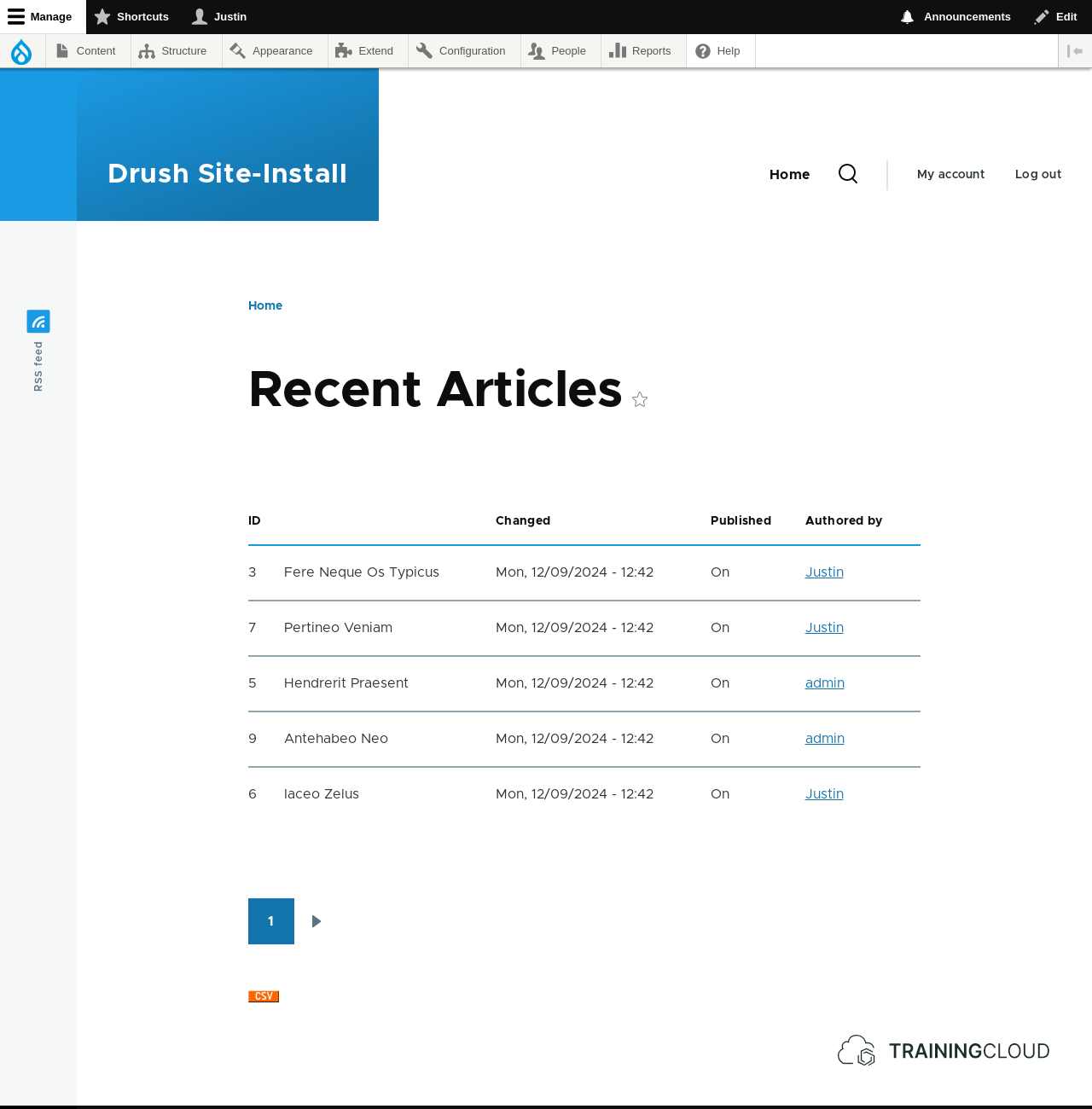 A screenshot of a page display of a custom view in Drupal 10 with a button to export the data as a CSV file.