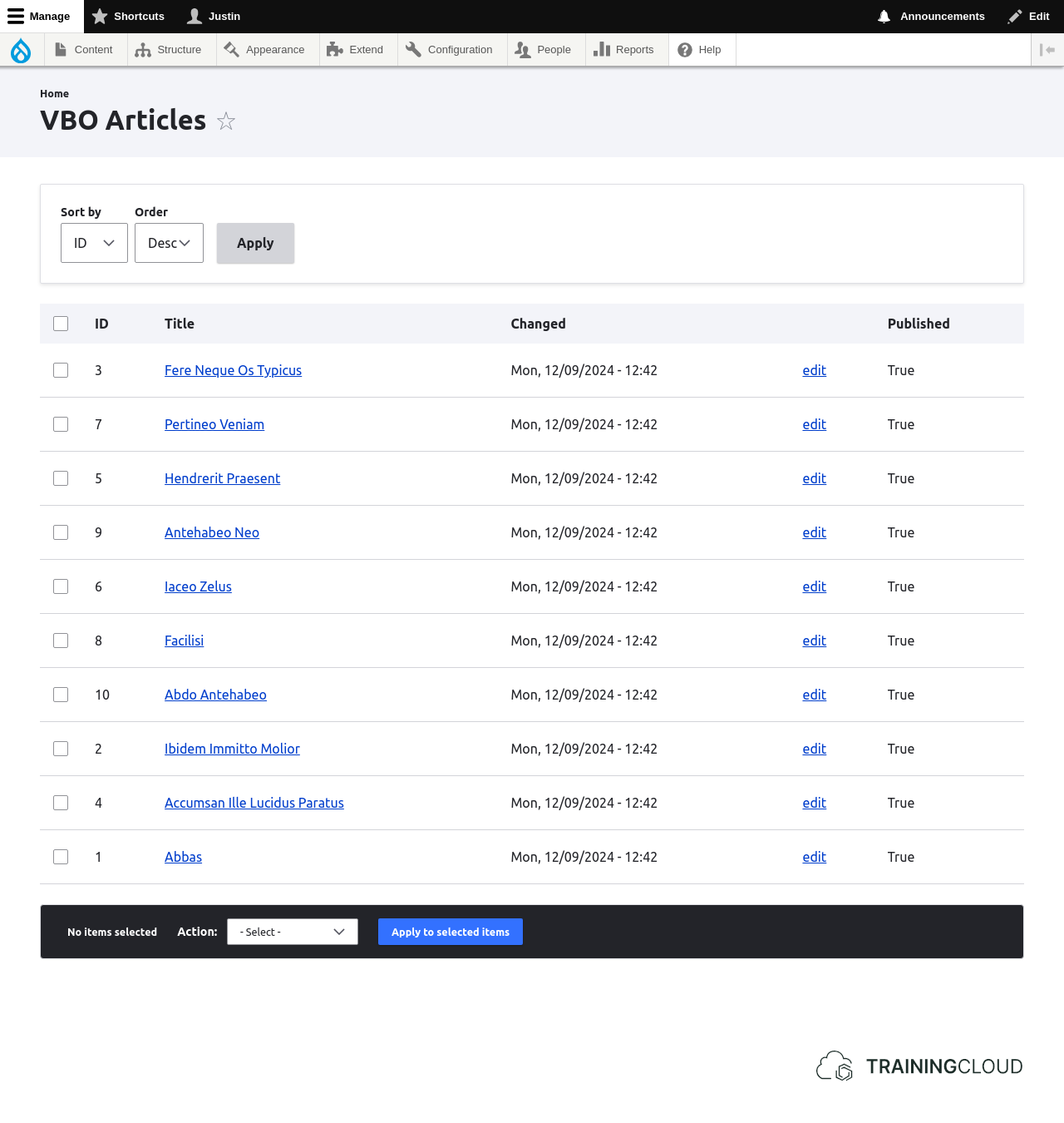 A screenshot of a custom view built using the Views Bulk Operations module and using the Administrative theme.