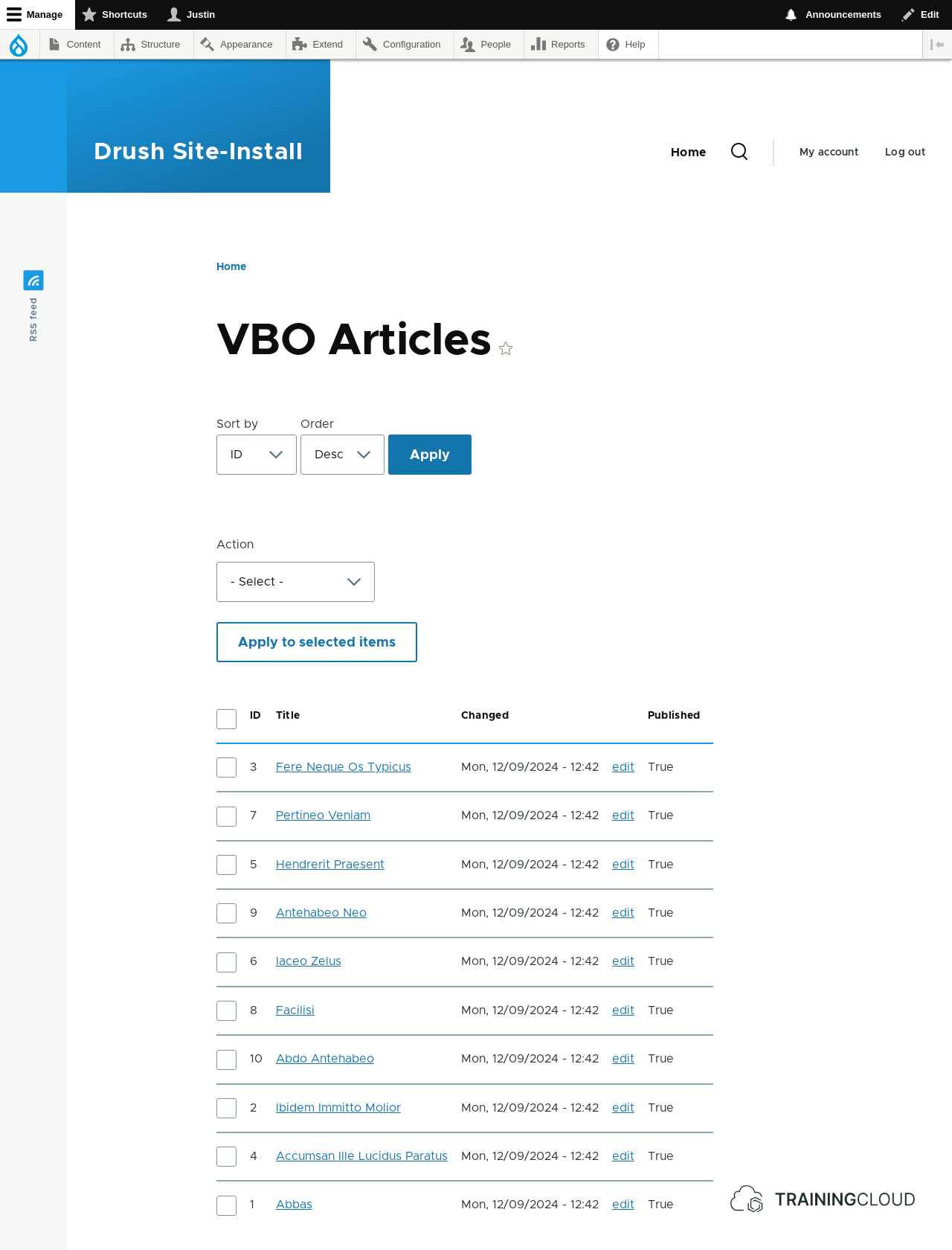 A screenshot of a custom view page in Drupal 10 using the Views Bulk Operations module.