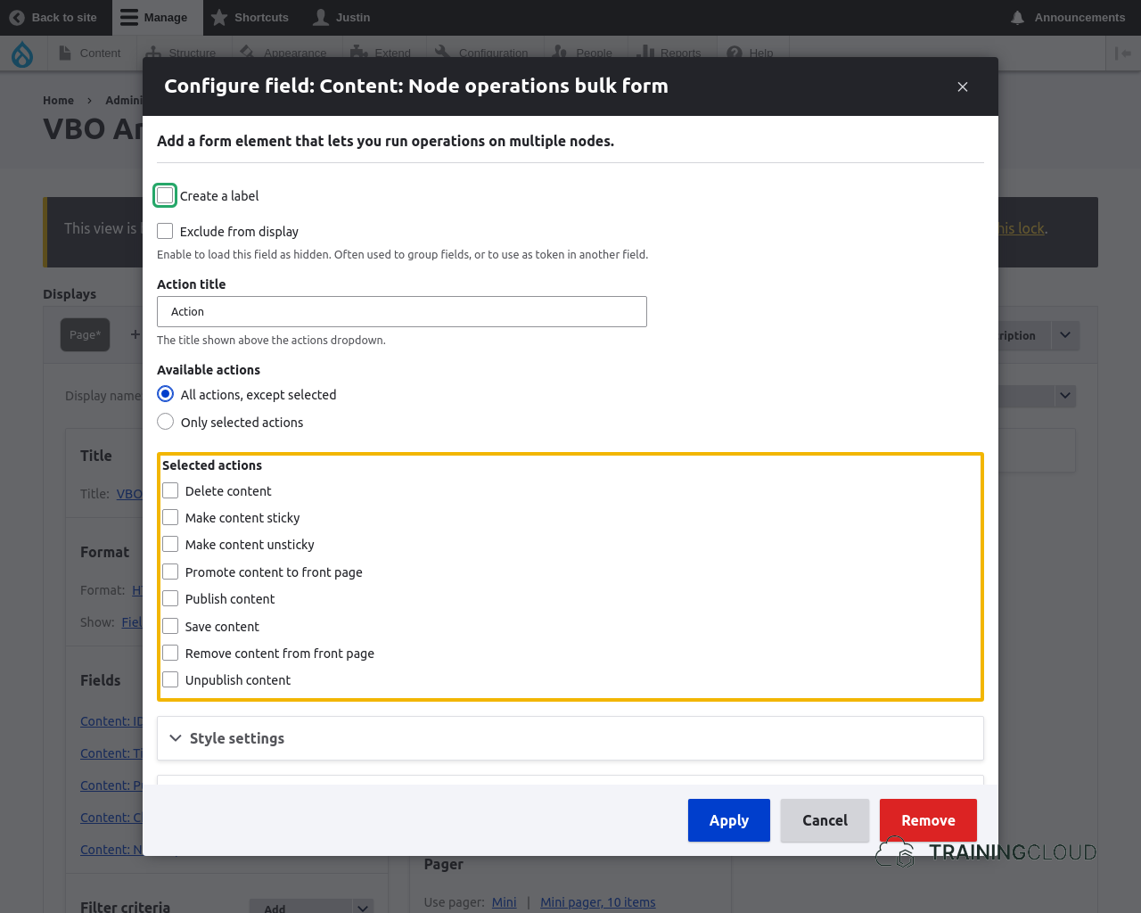 A screenshot of a Drupal 10 custom view using the Views Bulk Operation module, highlighting the Node operations bulk form settings.