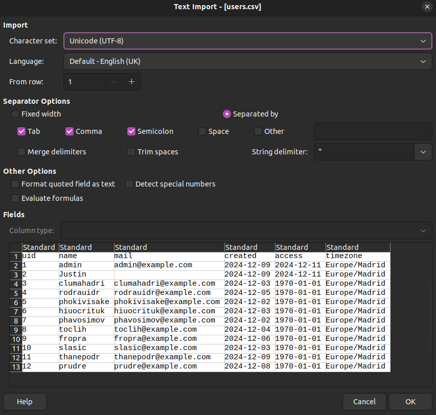 A screenshot of a CSV file being opened in LibreOffice Calc.