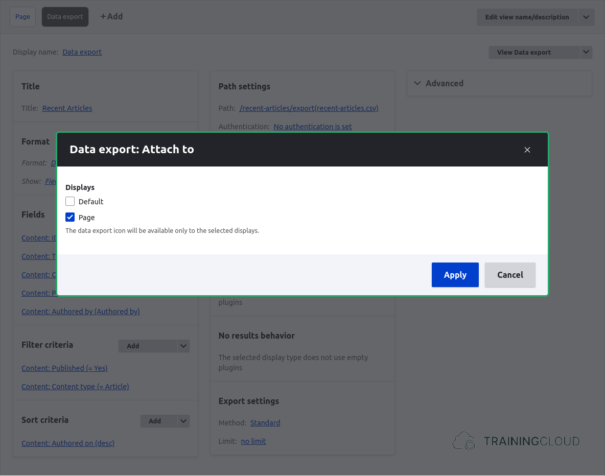 A screenshot of a Data export modal on a custom Drupal 10 view.