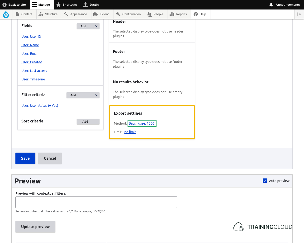 A screenshot of a custom view in Drupal 10 using the Views Data Export module and highlighting ther export settings.