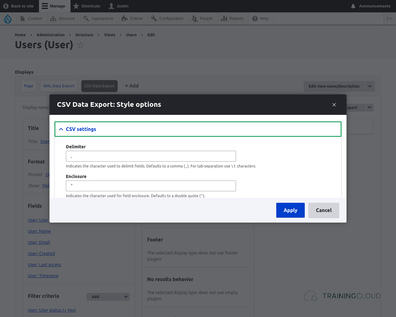 A screenshot of a CSV Data export: Style options modal in a Drupal 10 custom view using the Views Data Export module.