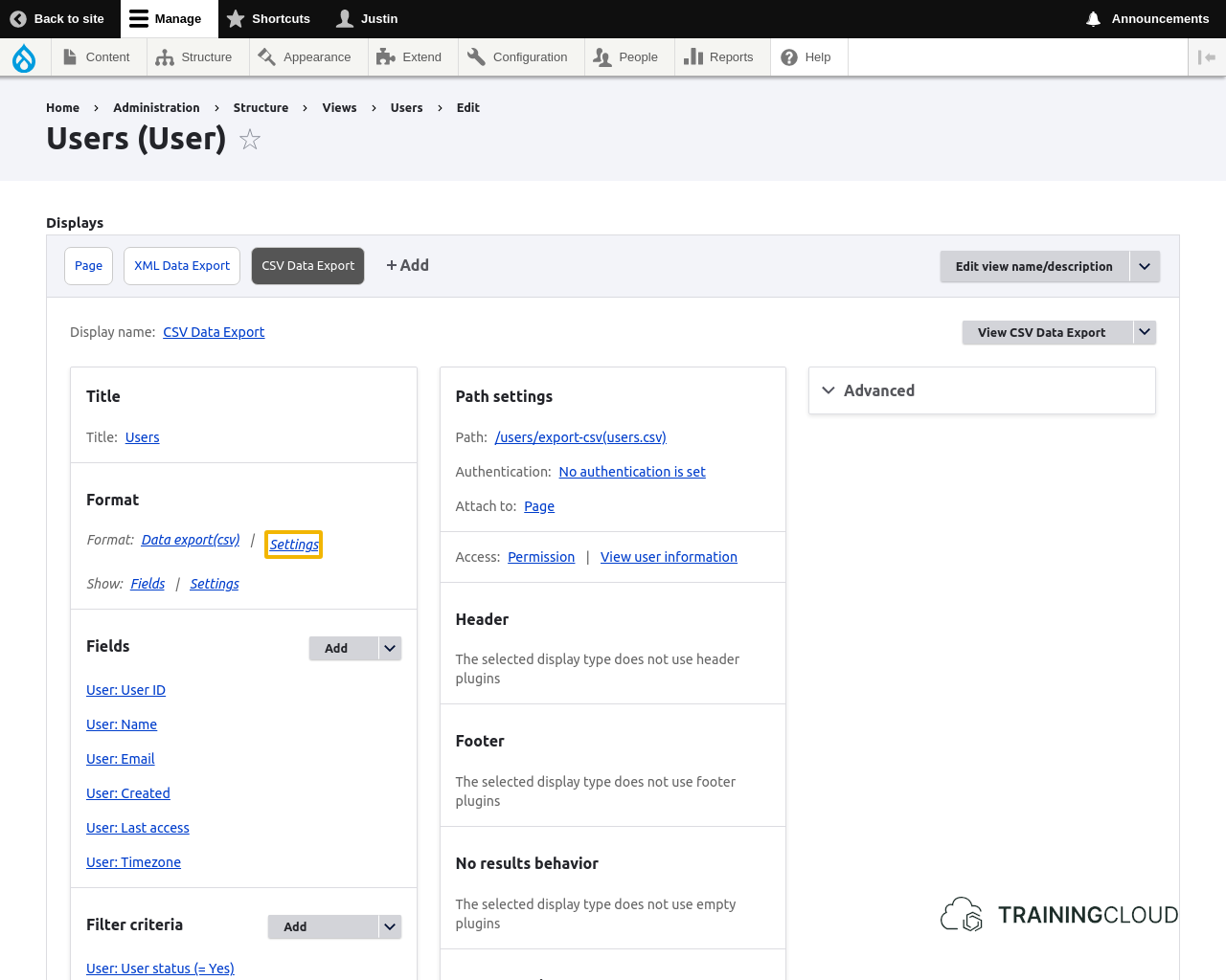A screenshot of a custom view configuration page, with a settings option highlighted.