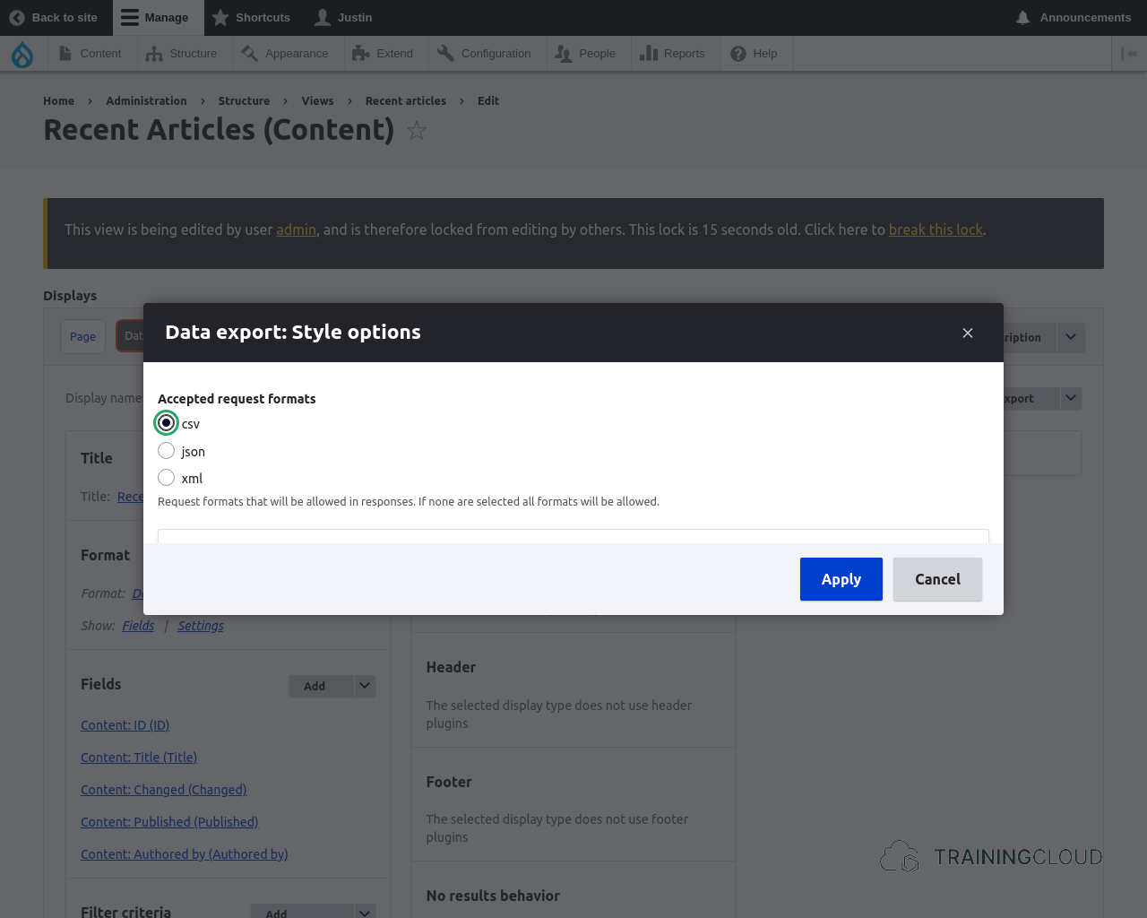 A screenshot of the Data export: style options on a Drupal 10 view using the Views Data Export module. 