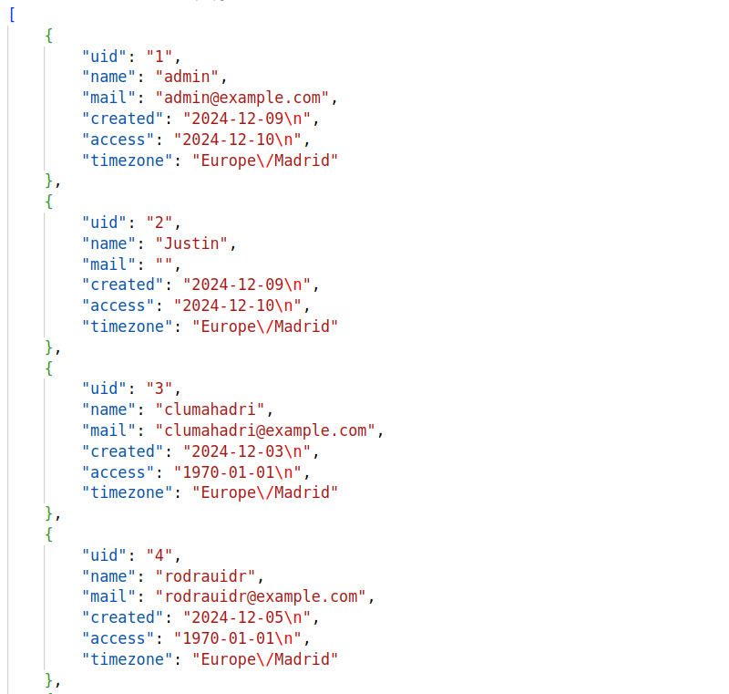 A screenshot of a JSON output from an exported view using the Views Data Export module in Drupal 10.