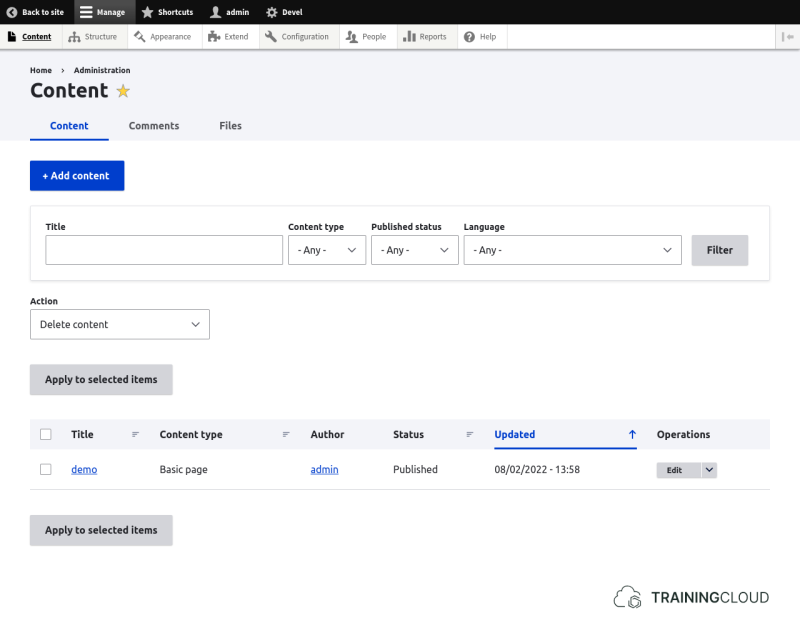 Screenshot of the content administration page.