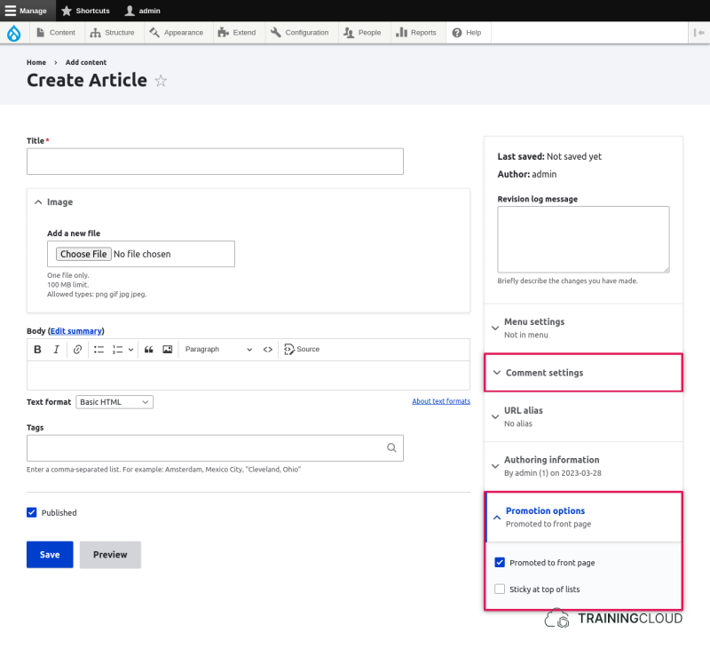 Node edit form with comment settings and promotion settings highlighted.