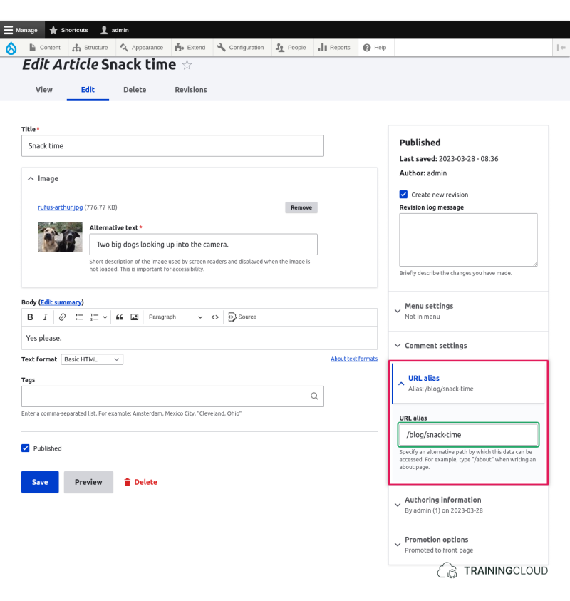 The node edit form with the URL alias section highlighted.