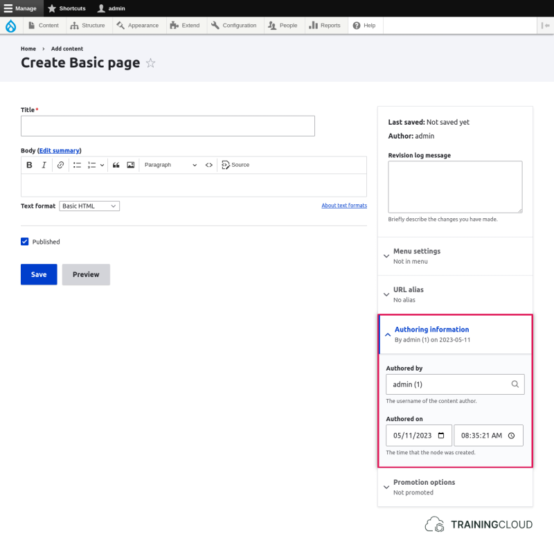 Node edit form with author info settings highlighted.