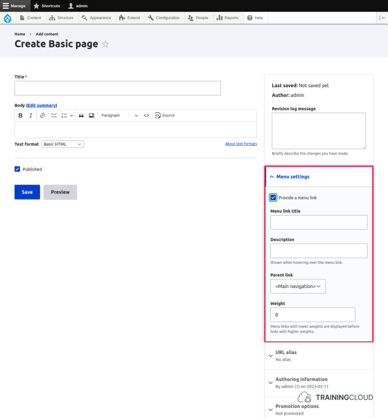 Node edit form with menu settings highlighted.
